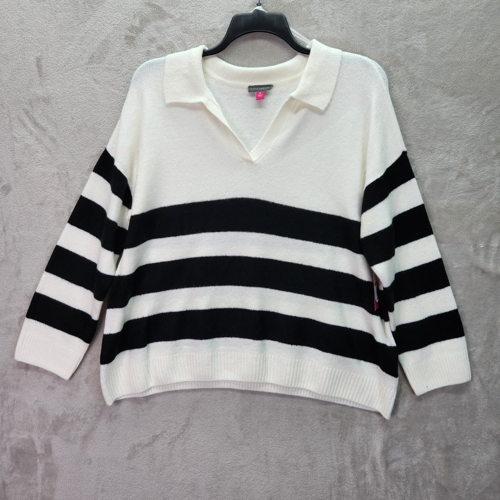 Vince Camuto Sweater Womens 2X White Black Stripe Collared VNeck Knit Top Office